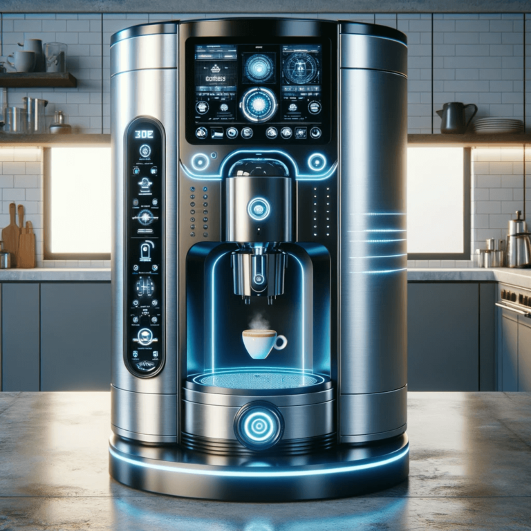 DALL·E - An illustration of a futuristic, high-tech coffee machine named '3Dpresso', designed with advanced technology and a sleek, modern